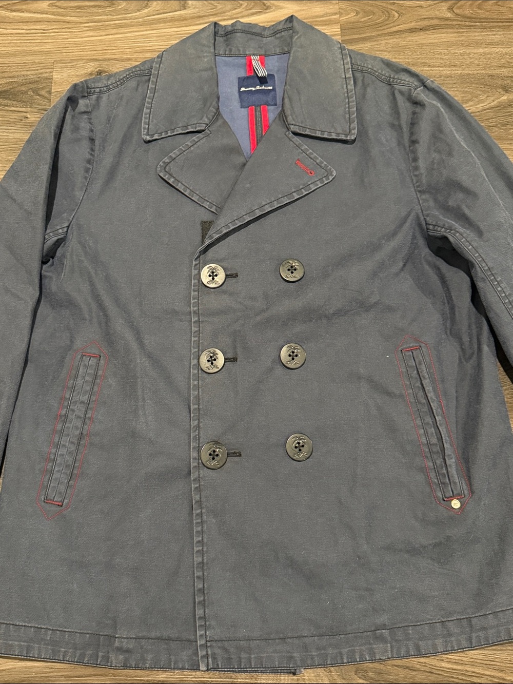 Tommy Bahama Navy Double-Breasted Pea Coat with Red Accents